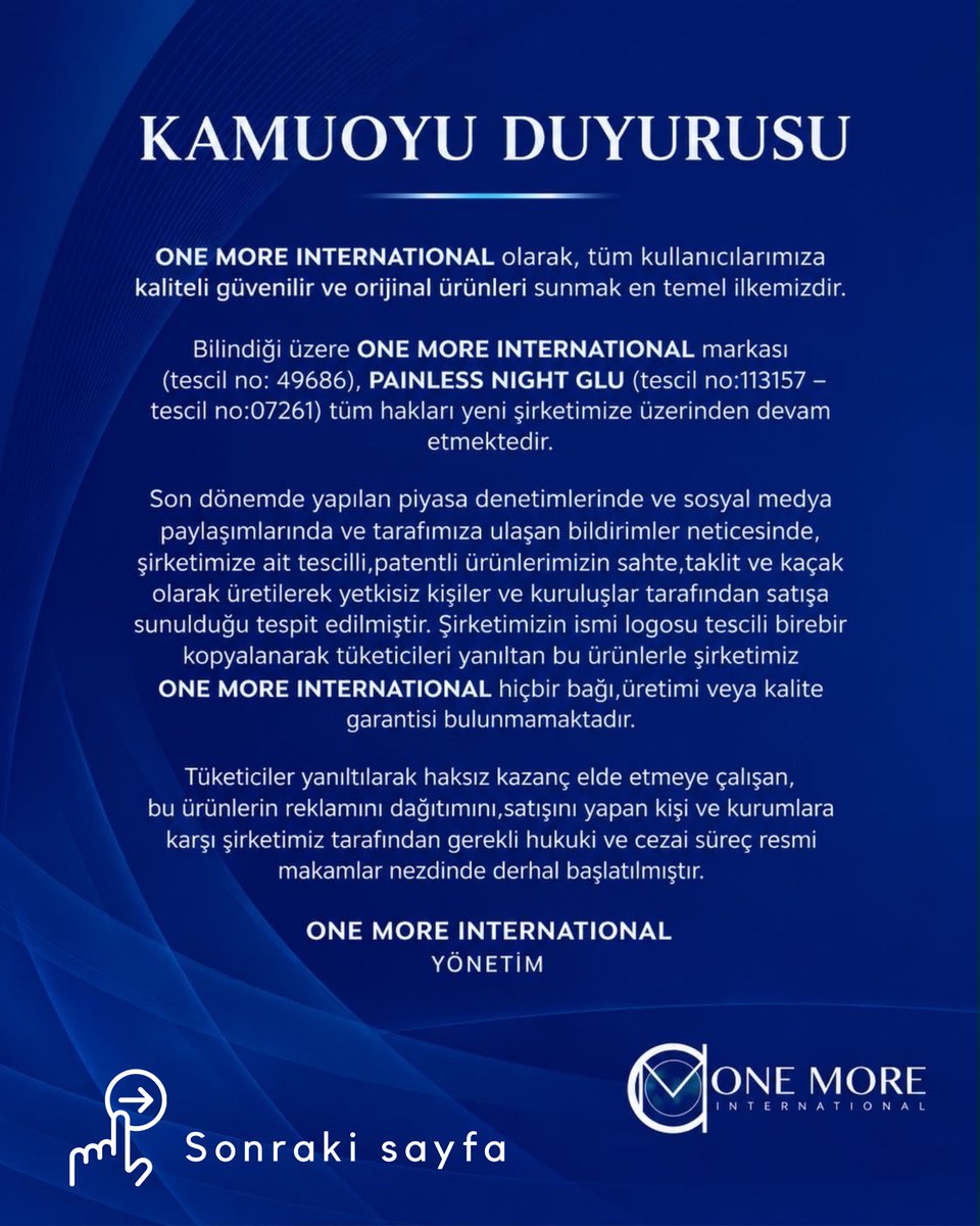 theonemoretr's tweet photo. KAMUOYU DİKKATİNE

Şirketimize ait tescilli, patentli ürünlerimizin sahte, taklit ve kaçak olarak üretilerek yetkisiz kişiler ve kuruluşlar tarafından satışa sunulduğu ve markamızın ismini kullanarak #sosyalmedya hesaplarında patlaştıkları tespit edilmiştir. https://t.co/MYLZdy6I1u