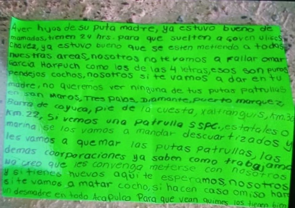 blogdelosguachs's tweet photo. Amenazan en narcomensaje a Omar García Harfuch 
“Nosotros no te vamos a fallar, nosotros sí te vamos a matar” https://t.co/RjIxl4QfXM