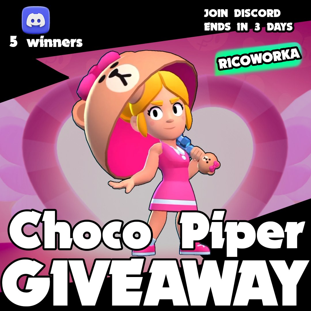SteccaWorka's tweet photo. 🎉 CHOCO PIPER GIVEAWAY!
I’m giving away 5 Choco Piper skins! 🍫💗
Join @VikingGuuy ’s Discord server to enter. 
The giveaway ends in 3 days!🔗https://t.co/RFKSfbFPrL
Good luck, everyone!
#BrawlStars #BrawlStarsGiveaway #ChocoPiper https://t.co/Hj3Pl25HtL