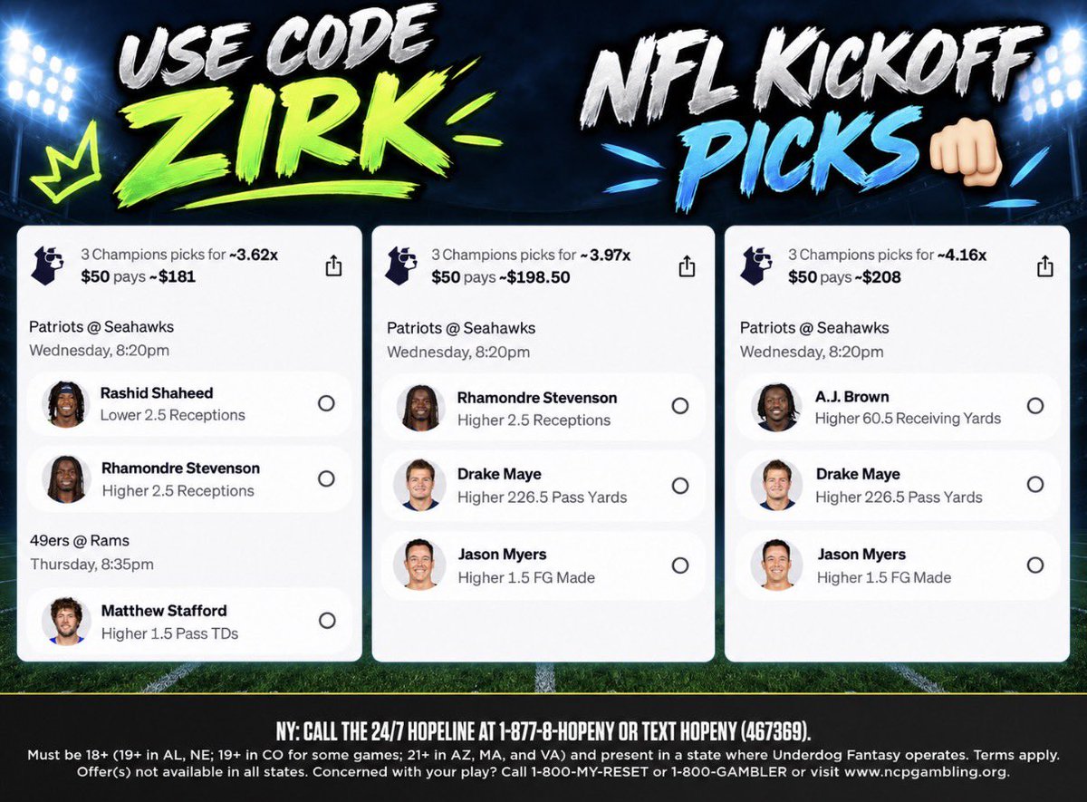Zirksee's tweet photo. $100 Xbox/PS gift card giveaway! 1st to correctly predict how many total yards Drake Maye has wins! https://t.co/qD8fizQSiw (1 GUESS MAX).  Use code ZIRK and get up to $1000 in bonus funds and the Keep Your Million Bonus! (Not required to win) #UDPartner https://t.co/4dPTz9qF2G