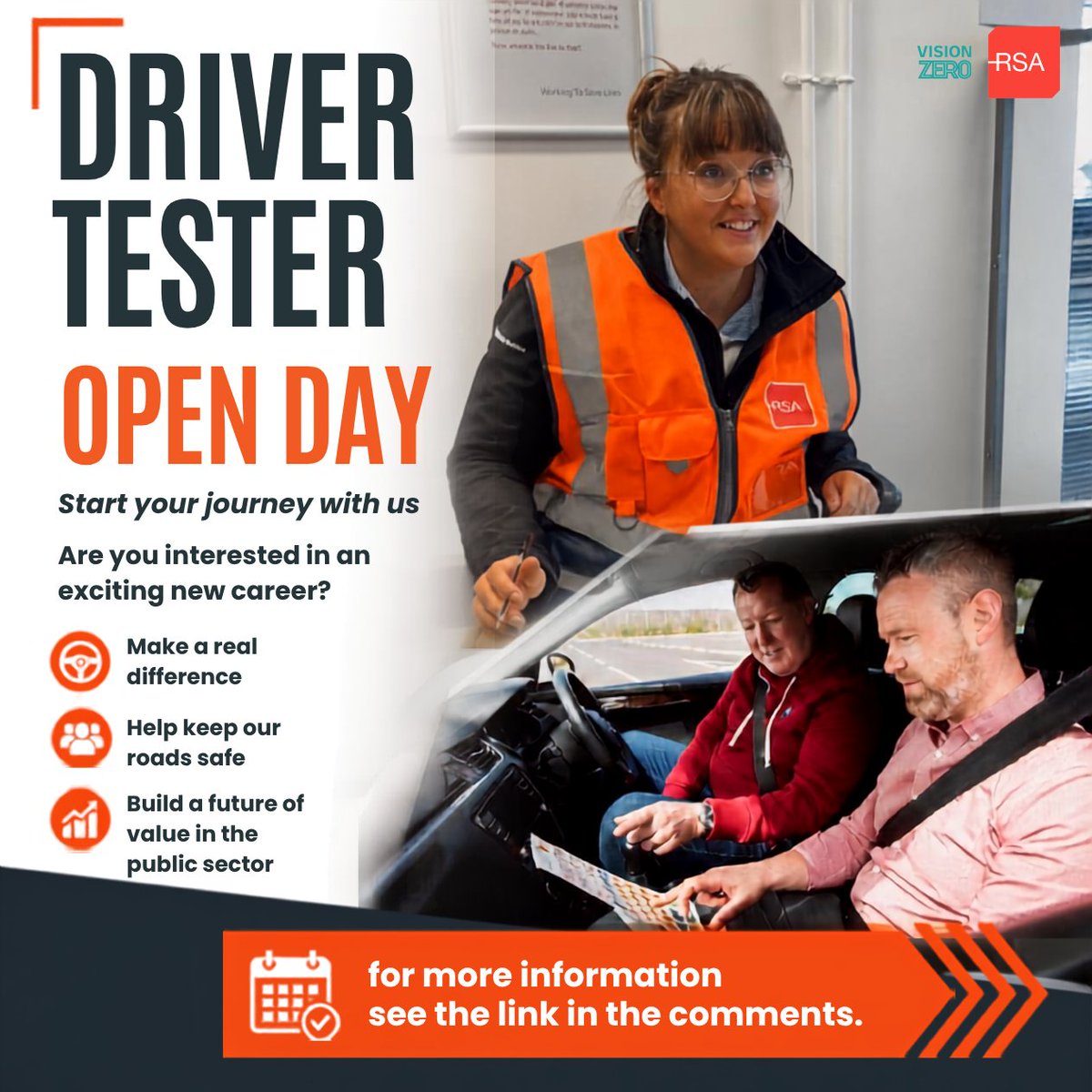 RSAIreland's tweet photo. 🚗 If you're interested in becoming an RSA Driver Tester, then join us for one of our upcoming Open Days at the Tallaght Driver Test Centre.

Meet members of our supervisory and HR team &amp; explore the benefits of the role.

Register here: https://t.co/APtEkwxNWf https://t.co/614j0ubiZe