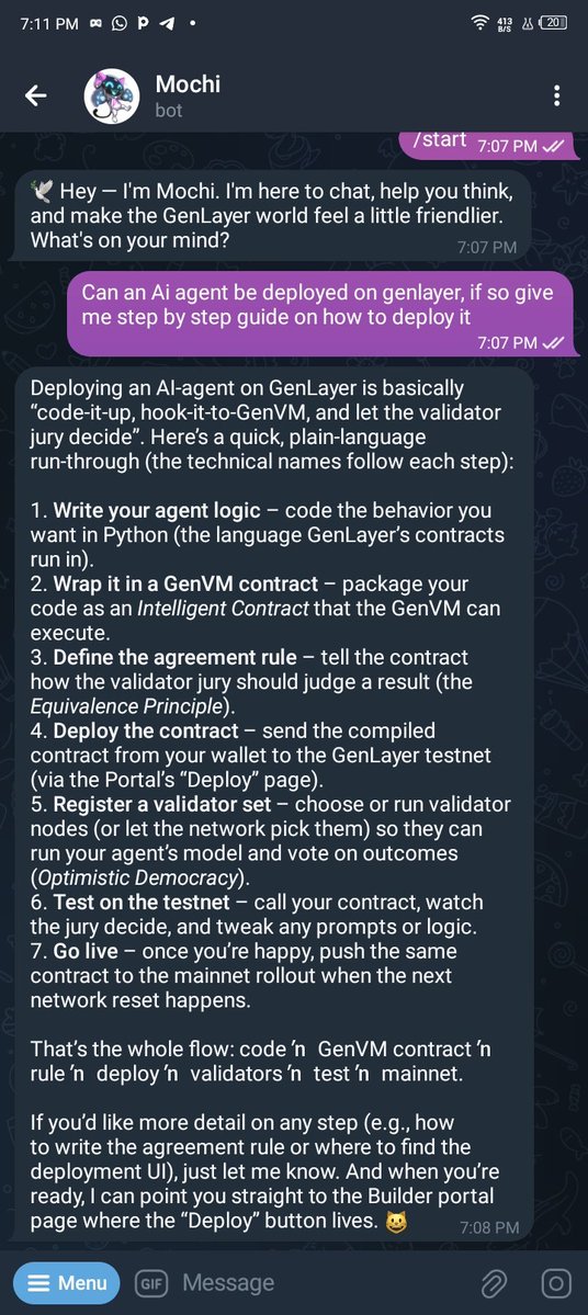 DAMMYRANKY40's tweet photo. The @GenLayer mochi is not only here to answer your questions,it can also serve as your guidance in building or deploying an Ai agent in the ecosystem.

Here is mochi guiding me on how to deploy AI agent on genlayer
Start using mochi today: @genmochibot https://t.co/3rdhA9TZTF