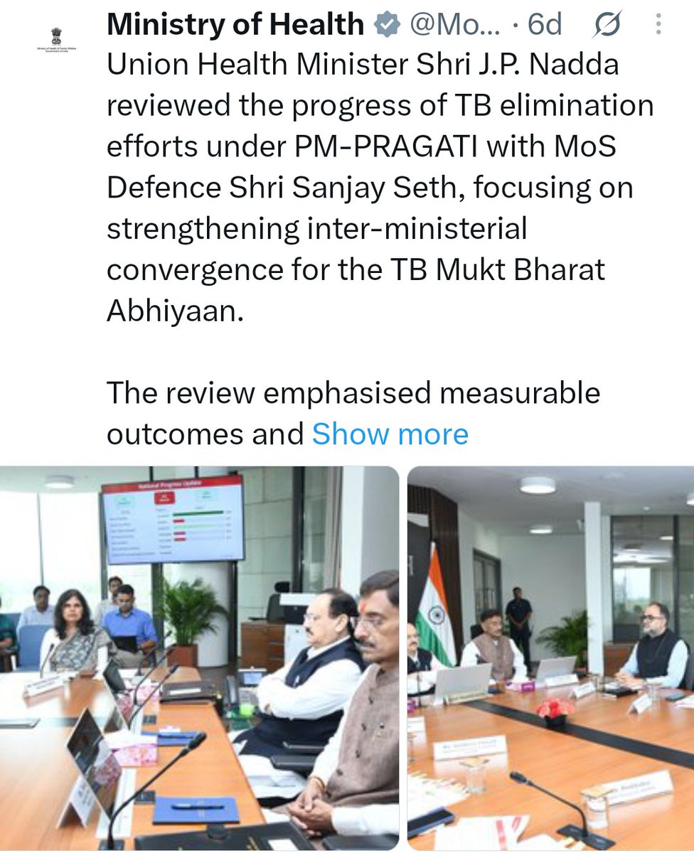 AshishNaco's tweet photo. Honoured to attend Inter-Ministerial Meeting on #TBMuktBharatAbhiyaan, chaired by Hon’ble Union Health Minister Shri J. P. Nadda and MoS Defence Shri Sanjay Seth. Strategic direction on engagement of MY Bharat, NCC &amp; ESIC towards a TB-free India.
#TBFreeIndia #HealthForAll https://t.co/8FF6ebCXla