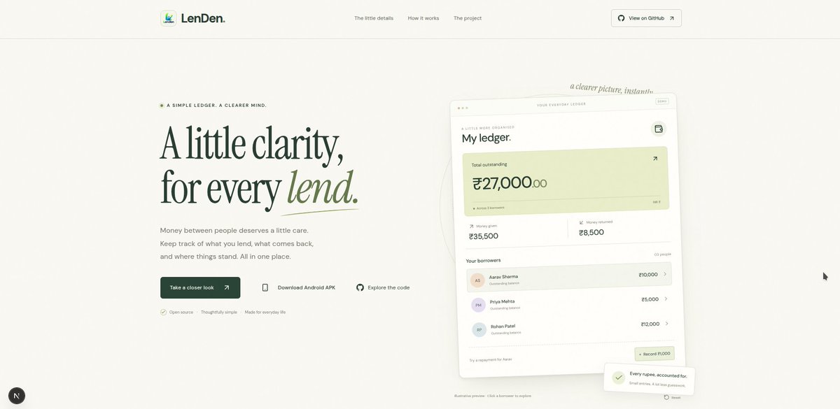 code_craft_'s tweet photo. Built and deployed LenDen, an end-to-end loan ledger app.

Live: https://t.co/WVf5igA7tG
GitHub: https://t.co/Rpt7NgZtzf

Next.js, React Native, Node.js, PostgreSQL, Prisma, Redis, JWT auth, Android APK release.

#FullStack #ReactNative #NextJS https://t.co/ZrIdtvY4l3