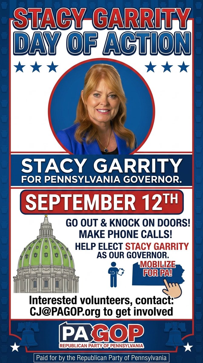 PAGOP's tweet photo. 🚨 Stacy Garrity Day of Action This Saturday! 🚨

Labor Day traditionally marks a shift to full campaign mode, and we are shifting into high gear this Saturday with a Statewide Day of Action for Stacy Garrity for Governor!

Stacy Garrity will:
✅ Make Pennsylvania more affordable by unleashing PA energy
✅ Cut property taxes by at least one-third
✅ Root out fraud and waste in Pennsylvania's government

We need all hands on deck to knock as many doors, make as many phone calls, and register as many voters as possible, this Saturday, September 12th!

Want to get involved? Visit 🔗: https://t.co/h59zALUuJd

#PAGOP #StacyGarrity #DayOfAction #GarrityRichey