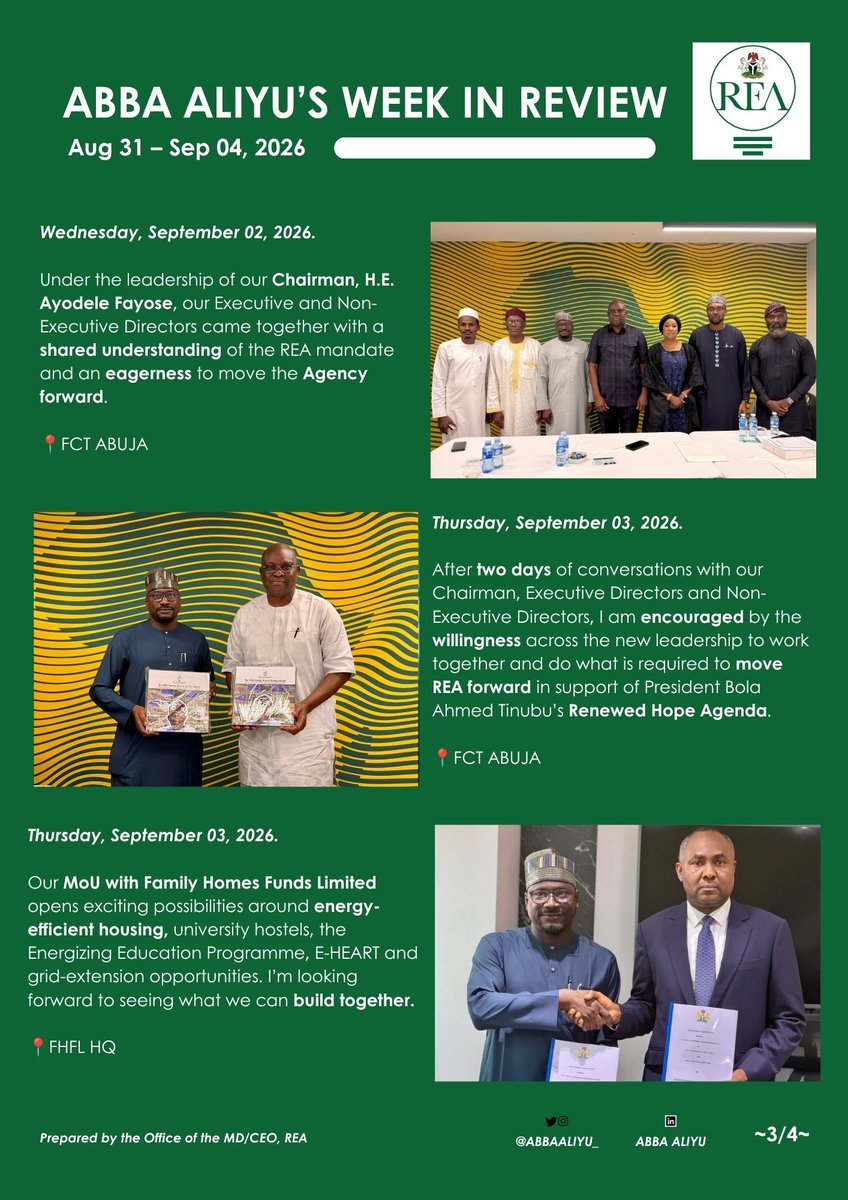 abbaaliyu_'s tweet photo. Across Nigeria, access to reliable electricity remains one of the strongest drivers of development, productivity, and opportunity.

As we settle further into a productive new week, l'm pleased to share a quick lineup of some of my major activities from last week at @TheREANigeria 

As always, I encourage you to stay with us on this mission to expand sustainable energy access for every Nigerian.
#abbaaliyu #rea #energyaccess