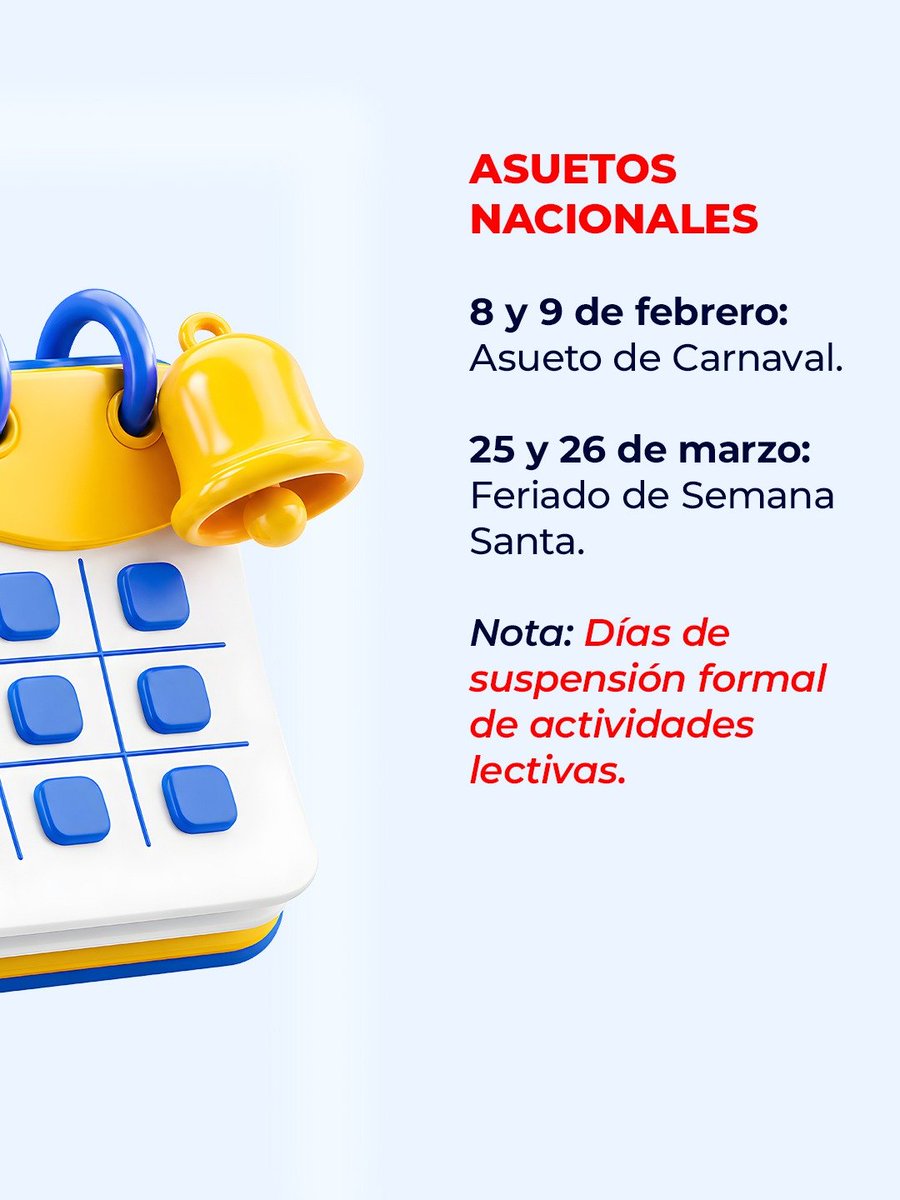 Noticia058's tweet photo. 🗓️ #Asuetos y #feriados nacionales lectivos
•Asueto por fiestas de #Carnaval
• Feriado correspondiente a #SemanaSanta
​#CalendarioEscolar #Venezuela #noticia058 https://t.co/8XcOUfOiNb