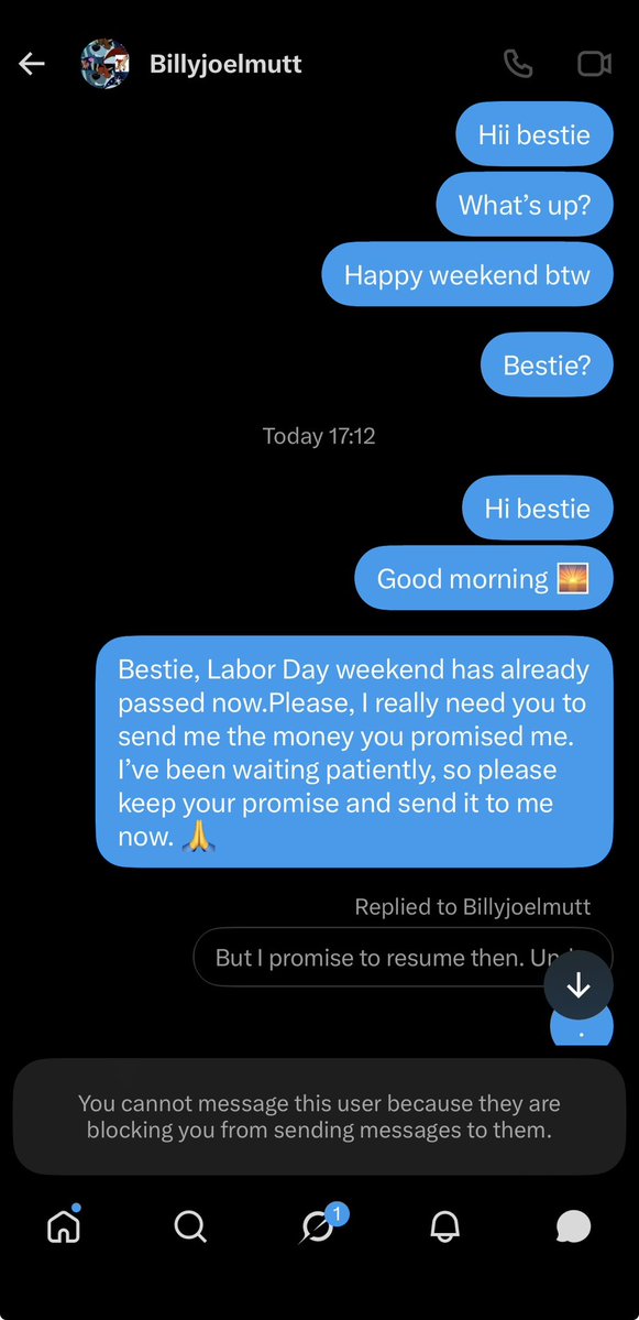 Hazelfurs1219's tweet photo. Hey @FBI I need you to investigate this issue please @USArmy @usairforce 
This man whose name is Steven Griggs @billyjoeldog he scammed 3 of my friends of at least their lives I swear he owes them 11k dollars I have all the chats screenshots of all three of them
Same excuse! https://t.co/VETvsmT7di