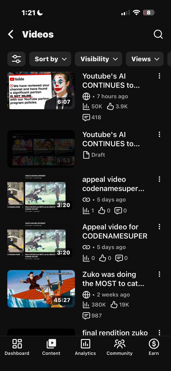Codenamesuper's tweet photo. Day 8 of trying to get a fair review from @TeamYouTube In a recent denial of my appeal, I received an automated message stating that a large portion of my channel consists of "Misleading Family Content," which is objectively impossible. Out of the 65 videos on my channel, the only animated topics that could even remotely be misconstrued by an automated system are two videos from the Avatar franchise: one being Avatar: The Last Airbender and the other being The Legend of Korra. Per YouTube’s official help guidelines regarding audience designation, a video is a multi-factored assessment, and content is not automatically classified as child-directed simply because it features animated characters. Both shows are general-audience, mature animated programs that heavily feature complex themes of death, colonialism, environmental grief, and human identity. 

Furthermore, I have already appealed this decision 4 separate times, yet my unlisted appeal video has only 1 view—which is strictly from me when I opened the link to double-check that my channel URL was placed right at the start of the video. No human policy specialist has actually watched it. Additionally, I have never received the official appeal review feedback inside my YouTube Studio, receiving only repeated, generic auto-rejections. This clearly indicates a broken automated review loop. My channel's compliance is further proven by the fact that I was handpicked to participate as an early YouTube Premium Affiliate. This required a manual, human review of my channel track by YouTube staff. I was explicitly cleared to produce a dedicated video featuring a mid-roll advertisement, and the entire video layout had to be fully reviewed and approved by YouTube before posting. That approved video can be verified here: https://t.co/hDY2D9a5S1

Regardless of the automated flag's claim of a "large portion" of violations, the remaining 97% of my channel consists of media breakdowns for Dragon Ball Z, Naruto, Jujutsu Kaisen, Invincible, and Marvel movies. These are strictly general-audience and teen/mature pop-culture topics. I strictly utilize YouTube's self-certification system to declare the use of profanity in my audio tracks, which automatically bumps the target demographic away from child audiences. These intentional metadata steps structurally instruct the algorithm not to push my videos to toddlers, resulting in empirical analytics showing that over 84% of my viewership is strictly above the age of 18. Because the metadata, backend routing, and audio content explicitly signal a mature commentary format, this channel cannot logically be classified as Misleading Family Content. Please escalate this case for a manual human audit. @YouTubeInsider @reneritchie