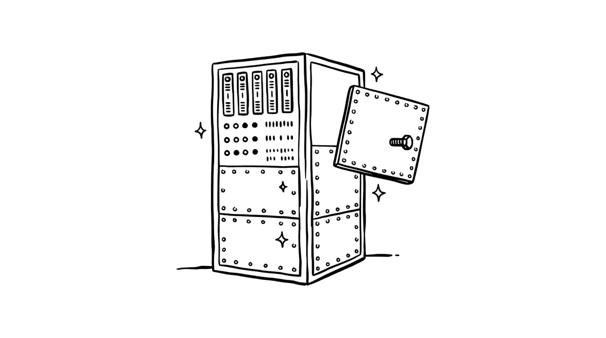 A hand-drawn server rack with a riveted armour plate being bolted onto its side, representing a release that hardens Bark and the Ark server