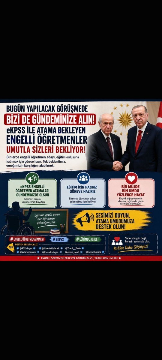 mer1079152's tweet photo. Engelli öğretmen adayları olarak tek beklentimiz: Hak ettiğimiz atama!
@RTErdogan @Yusuf__Tekin @oktay_saral @MahinurOzdemir @EmineErdogan @iletisim @tcbestepe #EKPSS #EngelliÖğretmeneHakEttiğiAtama https://t.co/4FXY55hQu8