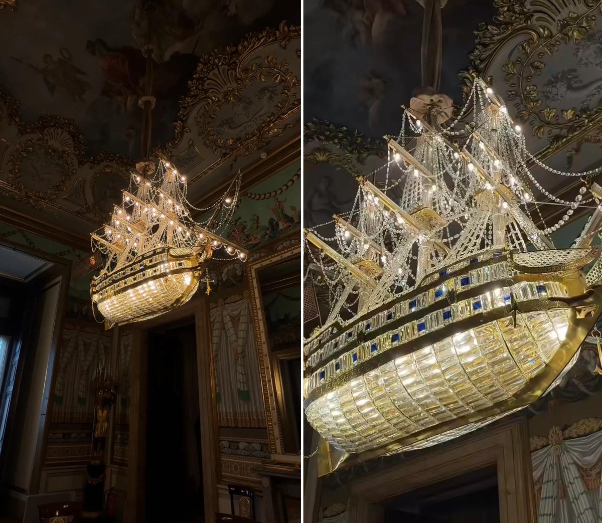 Steampunk_T's tweet photo. The spectacular ship-shaped crystal chandelier hanging inside the Royal Palace of Madrid. Crafted from gilded bronze and fine crystal, it was acquired by King Ferdinand VII from a French merchant around 1828. https://t.co/YNPkTTh1Lv