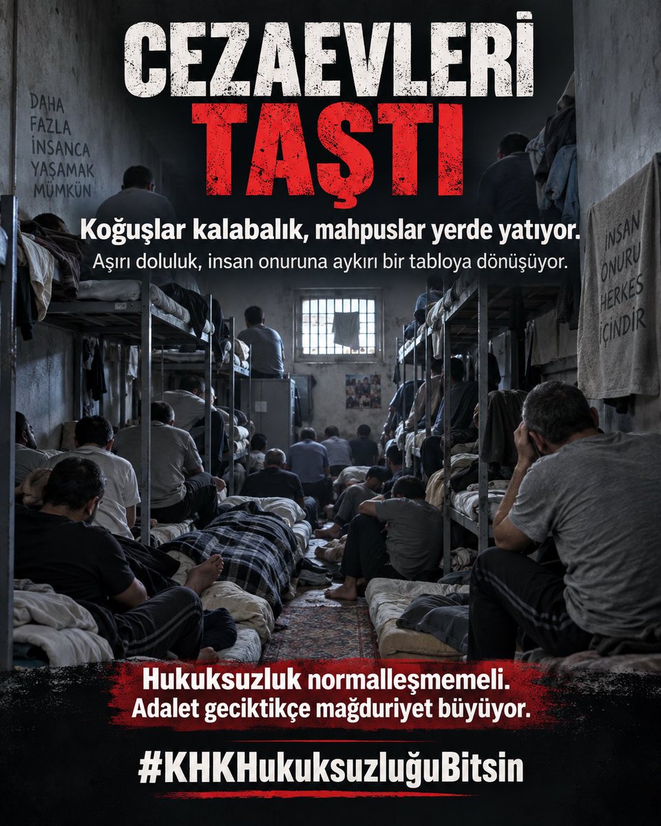 cezaevihaber's tweet photo. Koğuşlarda yer yok, yatak yok, nefes alacak alan yok. Cezaevlerindeki aşırı doluluk yalnızca bir kapasite meselesi değil, aynı zamanda bir insan hakları meselesidir.

    #KHKHukuksuzluğuBitsin https://t.co/HNVZevALPh