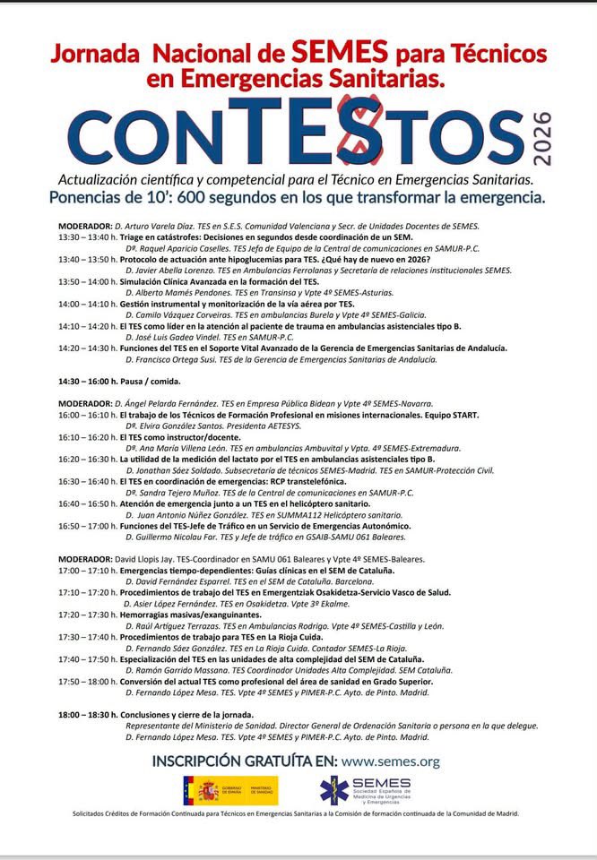 SanidadS's tweet photo. 🚑 Jornada Nacional de SEMES para Técnicos en Emergencias Sanitarias
#ConTEStos2026
📍Ministerio de Sanidad
🗓️ 26 octubre 2026. 10:30 h a 18:30 h.
Inscripciones: Gratuitas.
https://t.co/OYe6WbGub9 https://t.co/7lWR1xKdJP