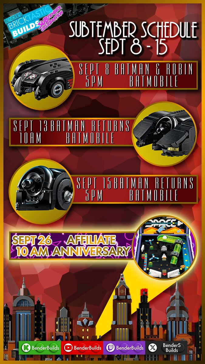 BendersBuilds's tweet photo. So much going on this month! I'm getting more and more hyped up for The Legacy of The Dark Knight Deluxe Stream on the 18th as I build each of these Batmobiles. I'm excited for all the SUBtember shenanigans. On top of all that, my Affiliate Anniversary SUB-A-THON is coming up at the end of the month! Let's make this a great month together! #Livestream