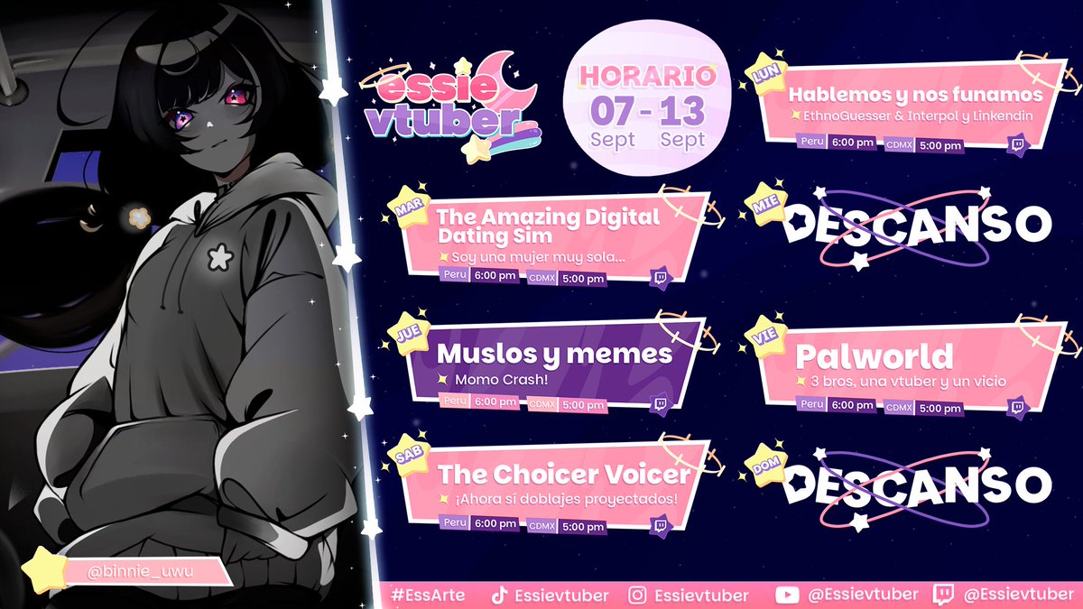 EssieVtuber's tweet photo. ⭐𝐇𝐎𝐑𝐀𝐑𝐈𝐎 𝐒𝐄𝐌𝐀𝐍𝐀𝐋⭐
𝐋𝐞𝐬 𝐝𝐢𝐣𝐞 𝐪𝐮𝐞 𝐫𝐞𝐠𝐫𝐞𝐬𝐚𝐫𝐢𝐚,𝐠𝐫𝐫𝐫 🫵🏻

🟣𝘚𝘵𝘳𝘦𝘢𝘮𝘴 𝘦𝘯 𝘛𝘸𝘪𝘵𝘤𝘩
⤷ https://t.co/oDK7mUD0a6

‼️ 𝘕𝘶𝘦𝘴𝘵𝘳𝘰 𝘋𝘪𝘴𝘤𝘰𝘳𝘥:  
⤷ https://t.co/uxgzm8ivYe 

〔⭐〕H ᴀ s ʜ ᴛ ᴀ ɢ s :     
⤷ #essarte - Arte 
⤷ #memessie - Memes