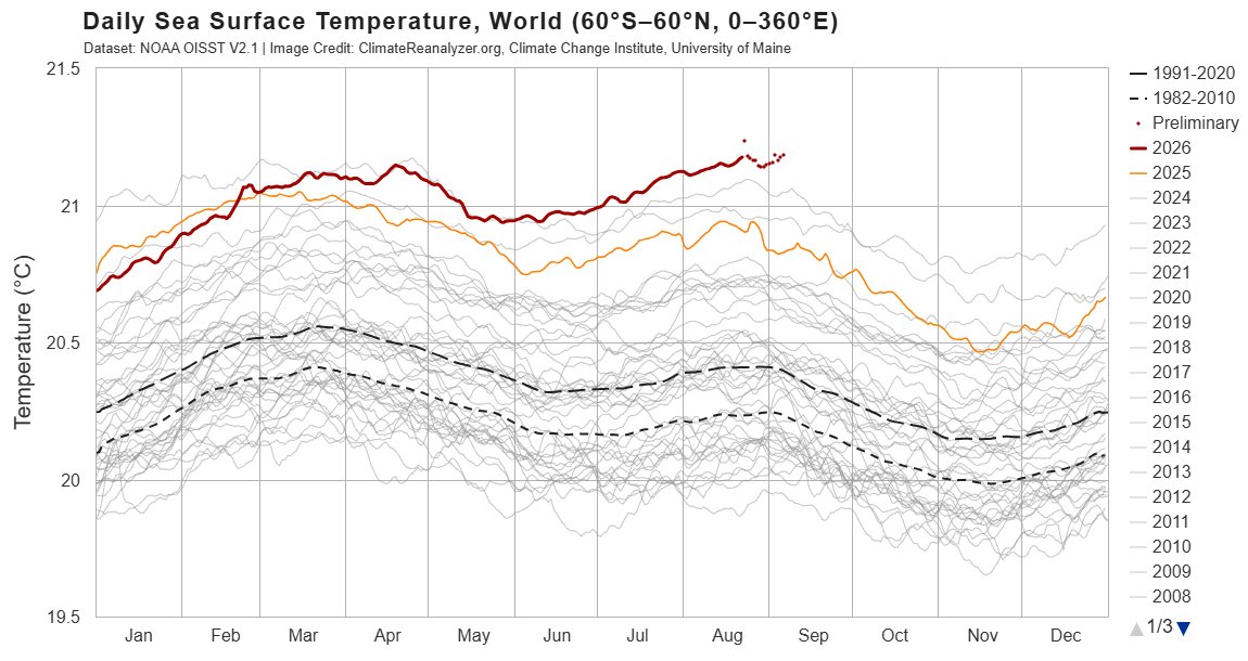 KrVaSt's tweet photo. The media keep glossing over the impending El Niño,
but all datasets point to a monster.
The most important indicator we must keep an eye on is GMSST, for the value is already 0.8°C higher than during the Eemian warm period!
This is extremely worrying.
https://t.co/h8u8dr9B7u https://t.co/VTpwGYjFwe