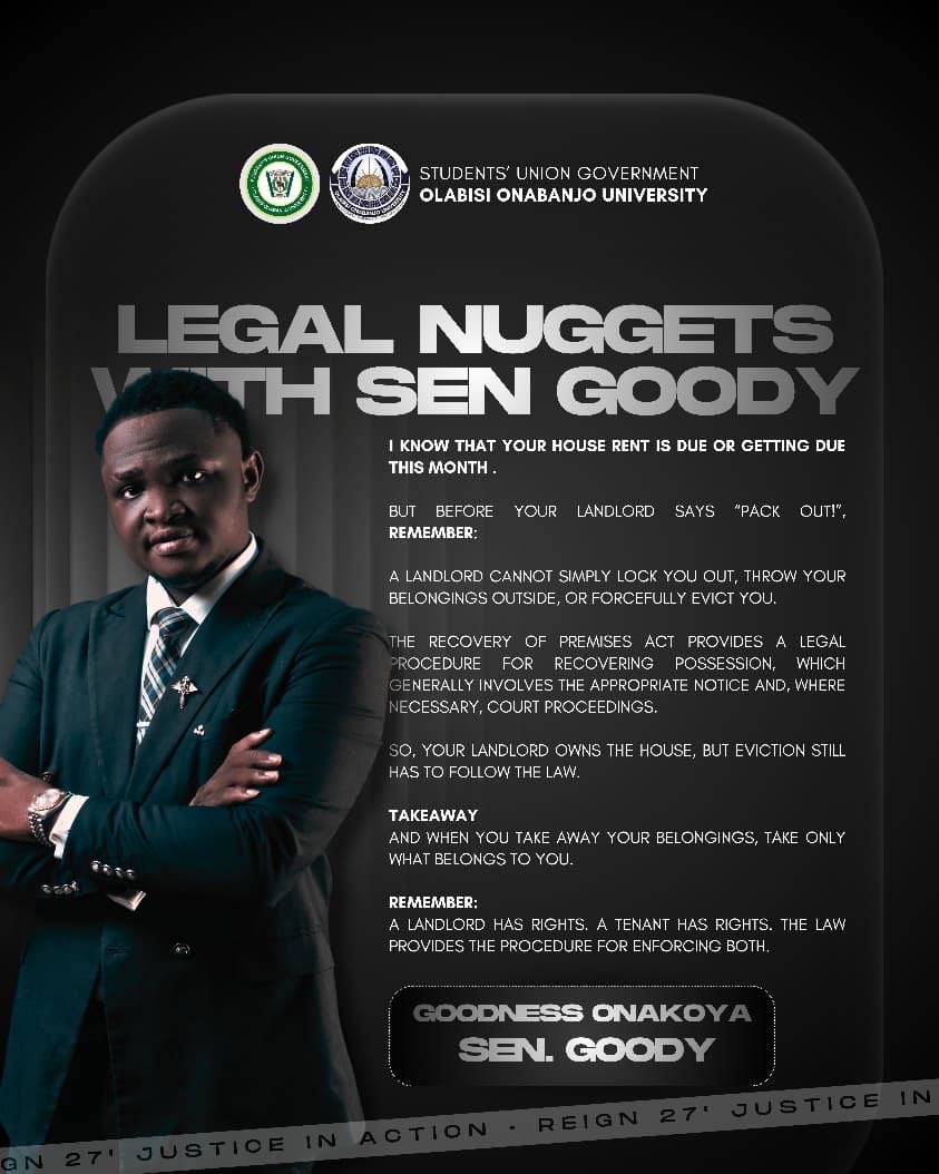 PelumiGoodness's tweet photo. LEGAL NUGGET BY SENGOODY
Your landlord may own the house, but that doesn’t mean they can just wake up and say “PACK OUT!” 

Know your rights and the law. 

Ownership gives rights, but eviction must still follow due process.

Bringing the Law Closer to You.
#LegalNuggetsSenGoody https://t.co/yd82Dy4Z4k