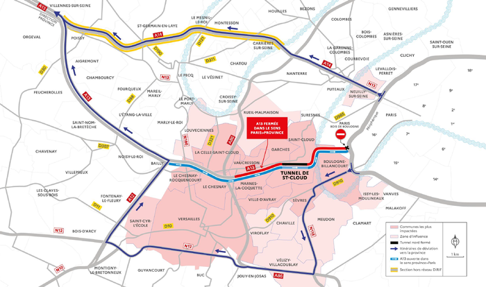 VirusWar's tweet photo. Cela va être le bordel !
L'autoroute A13 ferme pendant 9 mois et demi dans le sens Paris Province.
La raison : un tunnelier va creuser sous les tunnels de St Cloud pour la ligne 15 
C'était pas possible de mettre le tunnel Sud non fermé en circulation bidirectionnelle ?? https://t.co/sPyEM7PsHc