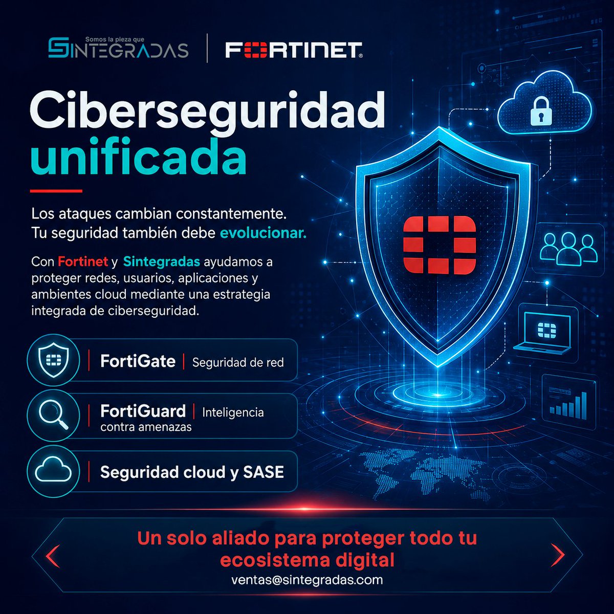 Sintegradas's tweet photo. 🛡️ La ciberseguridad unificada es clave para proteger tu negocio.

Con #Fortinet y #Sintegradas obtén:

✅ FortiGate ✅ FortiGuard ✅ Seguridad Cloud ✅ SASE ✅ Protección integral

#CyberSecurity #Fortinet #CloudSecurity #SeguridadDigital #TransformacionDigital #SASE 🚀 https://t.co/YktlsnAtno