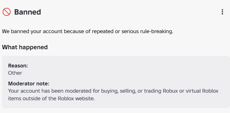 L7717433585547's tweet photo. First time posting on X

My account got perm banned 2 months ago for “real world trading”

I always paid my developers with gamepasses/group payouts for years with zero issues

I lost ~40M Robux ($180k) earned legitimately from my games. 

Multiple appeals + all evidence sent 1/2 https://t.co/Y9wLtCfn9t
