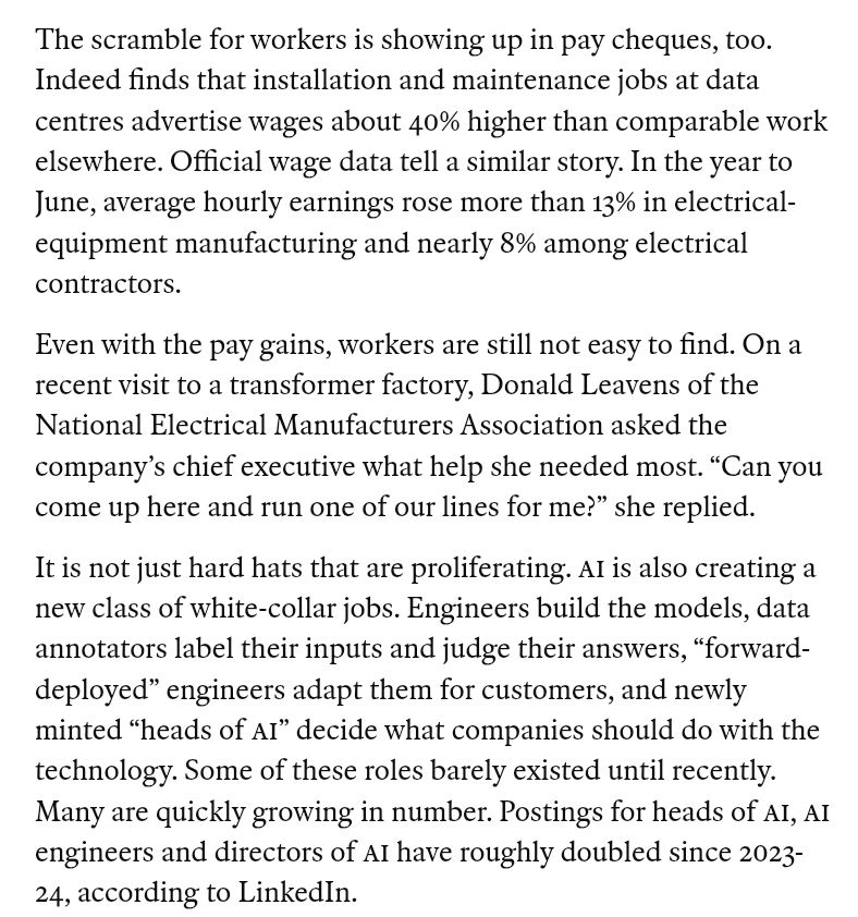 scottlincicome's tweet photo. "The jobs apocalypse is postponed. An AI jobs boom is here" 😲 https://t.co/IUMRx2IYGH

"Add it all up, and The Economist estimates that AI has so far created around 1m new jobs in America." https://t.co/egy2Pupftw