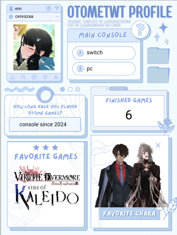 cereszaa's tweet photo. updating my intro yaaay 😋 

hii i'm em and it's nice to meet everyone! please feel free to interact! i'd love to make more friends to talk about otome games with!! 

here's my koilog if you wanna check it out: https://t.co/IontANrpxF

#otometwt #otometwtintro https://t.co/XsFYGgQRnb