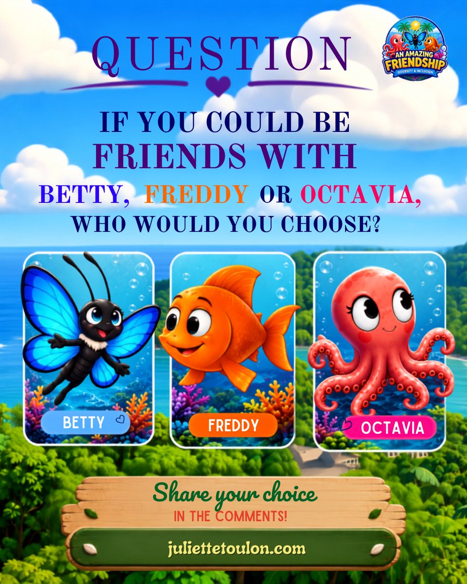 julietteauthor's tweet photo. Who would you choose as your friend—Betty, Freddy, or Octavia? 🦋🐟🐙💙

✨ Comment your choice below and tell us why! Then visit https://t.co/qU9L1vmLHf to discover more friendship adventures.

#AnAmazingFriendship #KidsBooks #FriendshipForKids #ChildrensAuthor #JulietteToulon https://t.co/k9fh7jGzdN