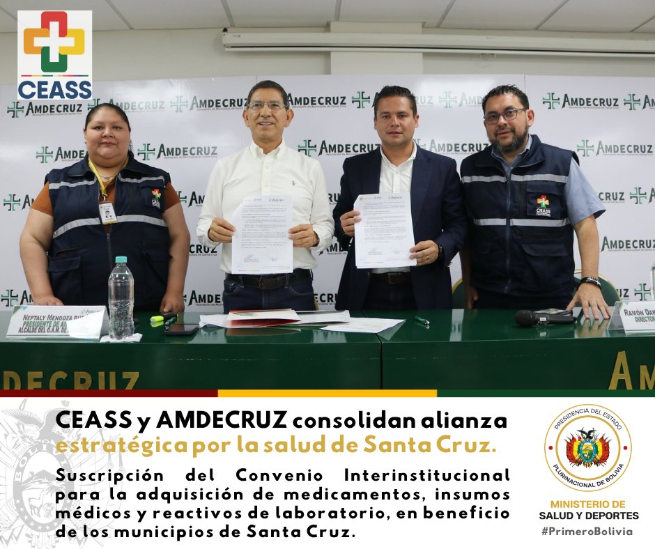 CeassBolivia's tweet photo. La Central de Abastecimiento y Suministros de Salud – CEASS y la Asociación de Municipios de Santa Cruz – AMDECRUZ suscribieron un importante Convenio Interinstitucional para fortalecer y facilitar la adquisición de medicamentos, insumos médicos y reactivos de laboratorio https://t.co/CeWX5Nup8O