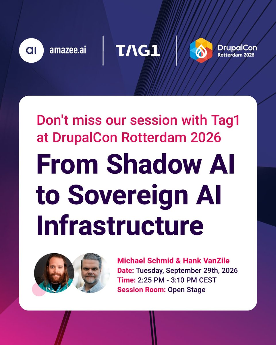 amazeeio's tweet photo. Unmonitored #AI tools create huge privacy risks.

Join us at #DrupalConRotterdam! Michael Schmid (@amazeeai) &amp; Hank VanZile (@tag1consulting) reveal how to build #SovereignAIInfrastructure.

🗓️ Sept 29 | 2:25 PM CEST 
📍 Open Stage, Exhibitor Hall

See you there! 🇳🇱 https://t.co/vKeAxMae1Z