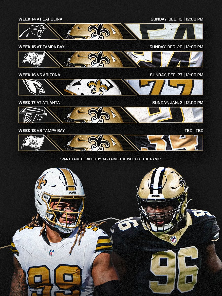 Saints's tweet photo. #Saints Uniform Schedule 👀 https://t.co/zLv1Z3AOQO