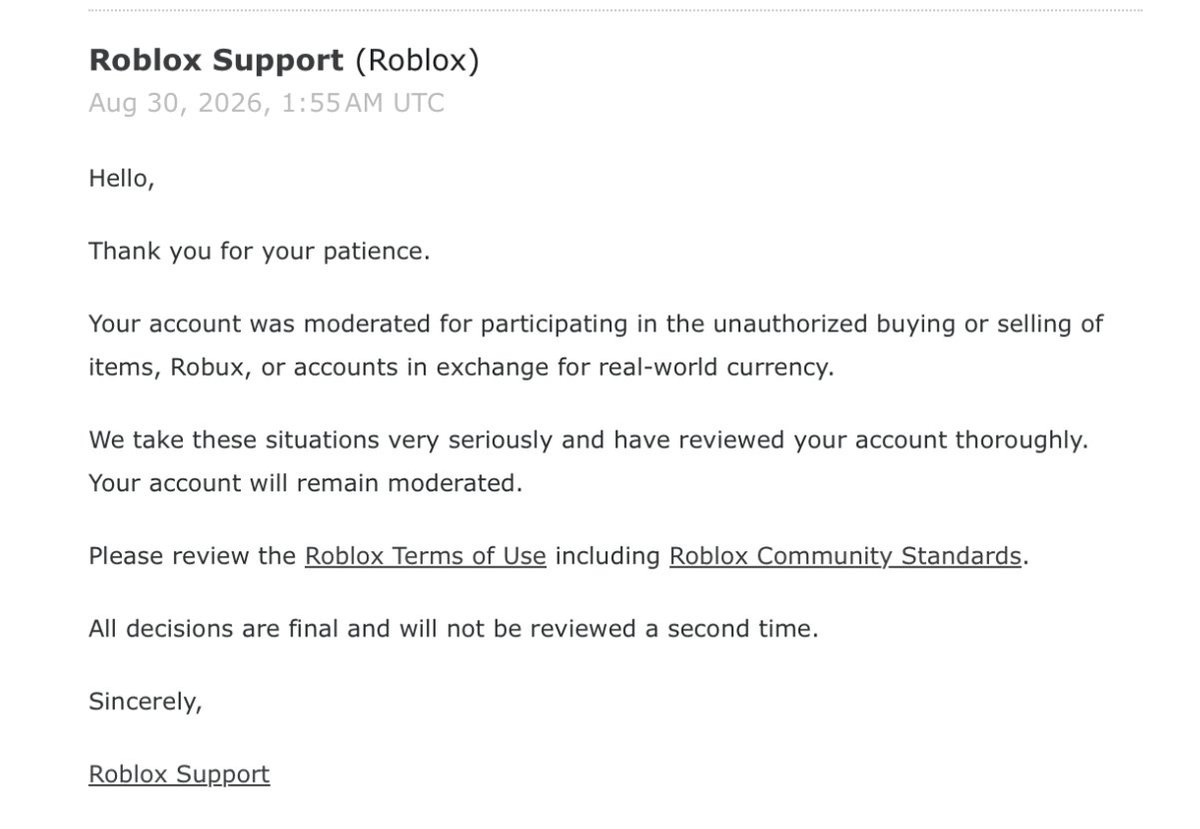 s2ouls's tweet photo. ‼️‼️ This is happening way too often lately. One of my modellers too @414ly_, was recently permanently banned for ''off-platform Robux trading'' after receiving legitimate Robux payments for UGC commission work, and the only ''big'' purchase she made was a 25k Robux gamepass to pay someone else for a commission, so even that was still just dev work.

She has proof of everything, the work, transactions, chats, and files for each commission, but when she contacted support, she just received an automated response with no chance to appeal again.

She’s lost access to the Robux she legitimately earned from work for me and other UGC groups.

Developers should not have to fear losing their accounts, earnings, and years of work simply for paying or being paid for legitimate dev work. This is genuinely threatening the roblox dev ecosystem.

Username: hiresei
Ticket ID: 180605857
@Roblox @robloxdevrel please look into these cases.