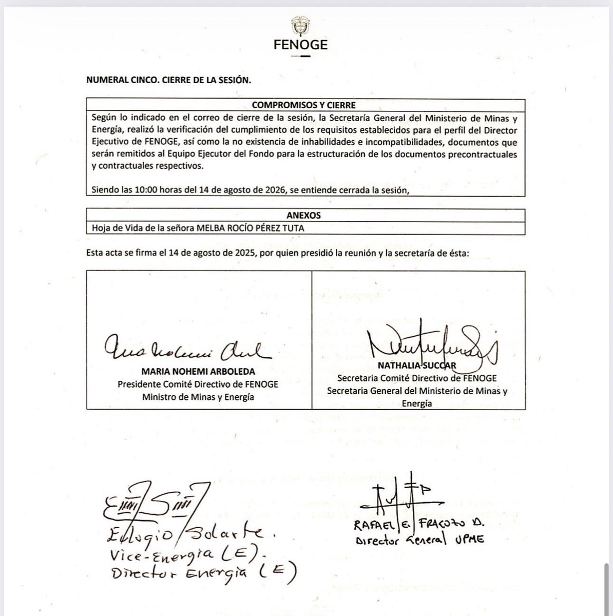 EsmeHernandezSi's tweet photo. Para quienes dicen que es falso el aumento salarial de la directora de FENOGE, Melba Rocío Pérez, aquí les dejo el Acta #82, donde aprobaron un alza del 32% en su sueldo. Pasará de ganar $46 millones a $61 millones mensuales, convirtiéndose en una de las funcionarias mejor pagadas del país.

Abelardo aumentó el presupuesto en $90 billones más para hacer ricos a sus amigos de la “patria milagro”.