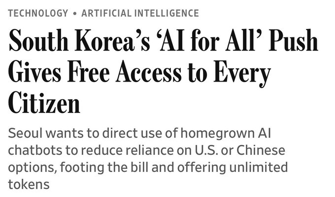 plsrms's tweet photo. South Korea wants to give every citizen free access to AI with no usage limits and eventually personal agents turning inference into public infrastructure.

That turns nationwide AI adoption into recurring demand for 
$NVDA
 compute, 
$MU
 + 
$SKHY
 DRAM and 
$TSM 
 silicon behin https://t.co/ZGJtVFS1Lx