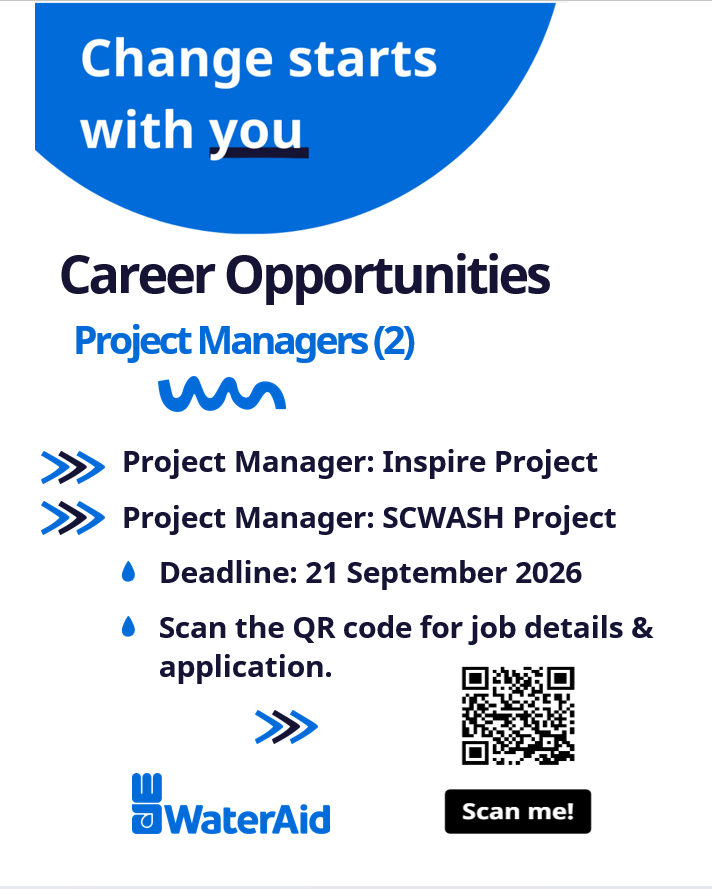 WateraidRwanda's tweet photo. 📢 CAREER OPPORTUNITIES!

Are you an experienced project management professional passionate about creating lasting change through water, sanitation and hygiene (WASH)?

We are looking for three (3) Project Managers to join our team and contribute to the delivery of impactful programmes that help transform lives and strengthen access to sustainable WASH services.
We are recruiting for:
🔹 Project Manager – Safe Water Project
📅 Application deadline: 14 September 2026

🔹 Project Manager – Inspire Project
🔹 Project Manager – SCWASH Project
📅 Application deadline: 21 September 2026

If you have the relevant experience, leadership skills and commitment to delivering high-quality development programmes, we would love to hear from you.

🔎 Learn more about job descriptions, requirements and application information: https://t.co/zqROhi38Nn
