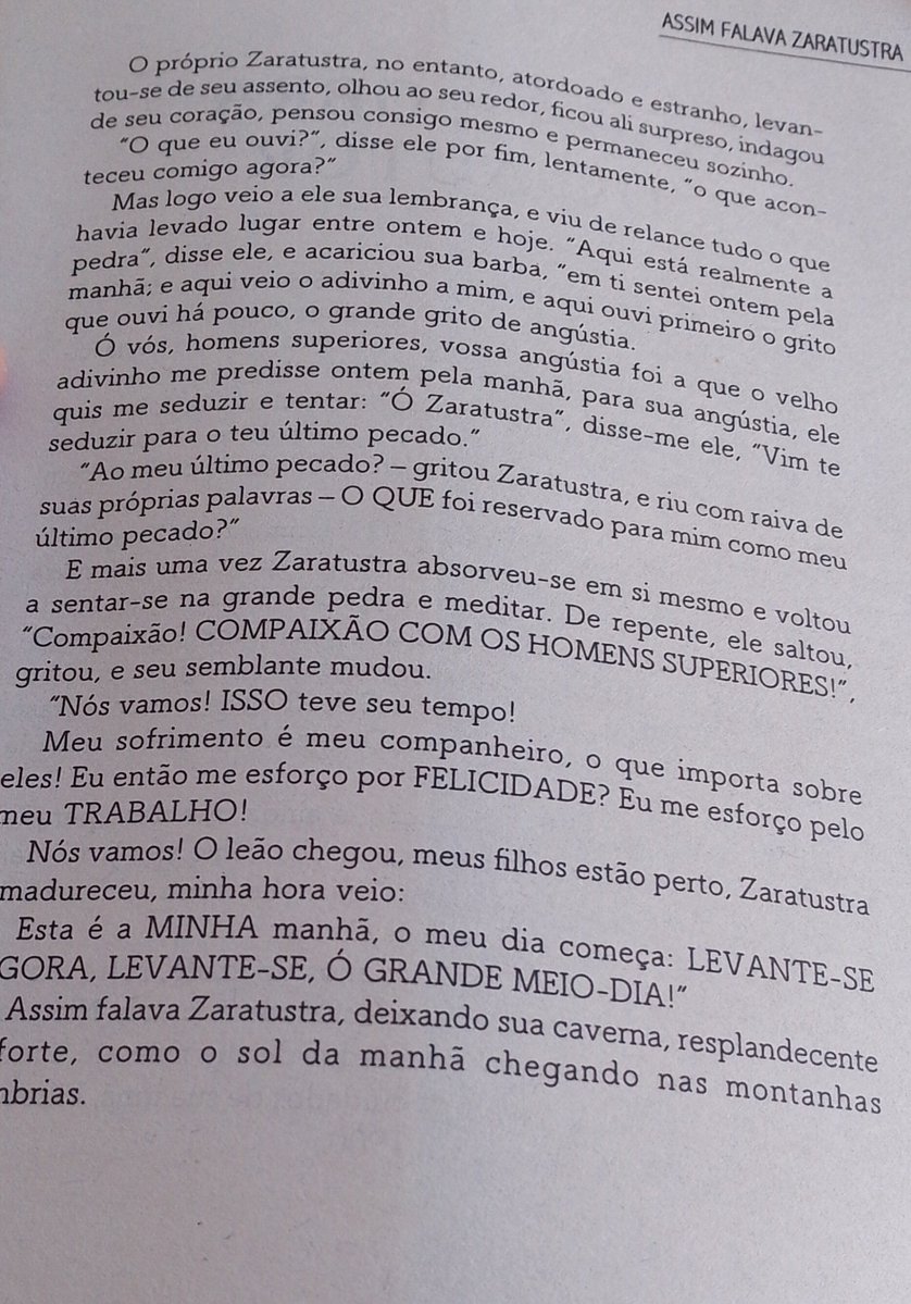 WesleyRodri1899's tweet photo. Terminei enfim Zaratustra, de Nietzsche.
Foram longos e prazerosos 3 meses, passados entre a montanha, a descida, a ida à caverna, à cidade, às Ilhas Afortunadas, aos bosques, e terminando quase como onde começou.
Explendido!
Um livro para todos...e ao mesmo tempo para ninguém. https://t.co/DFDnpfSQEu