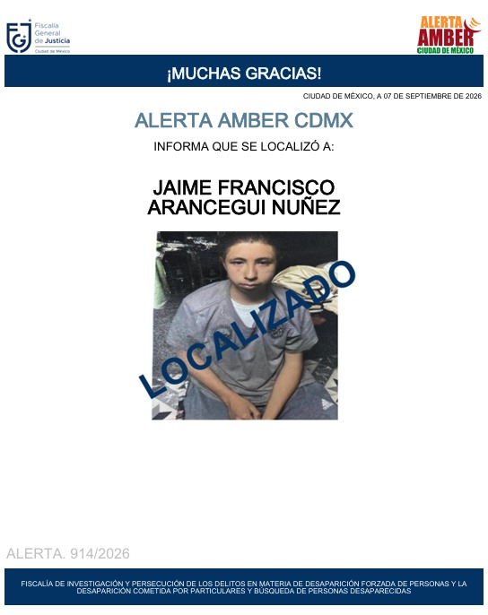 AAmberCDMX's tweet photo. Fue localizado el menor de edad, Jaime Francisco Arancegui Nuñez. Agradecemos a la ciudadanía, medios de comunicación e instituciones. Se desactiva #AlertaAmber https://t.co/B5JzfnieT7