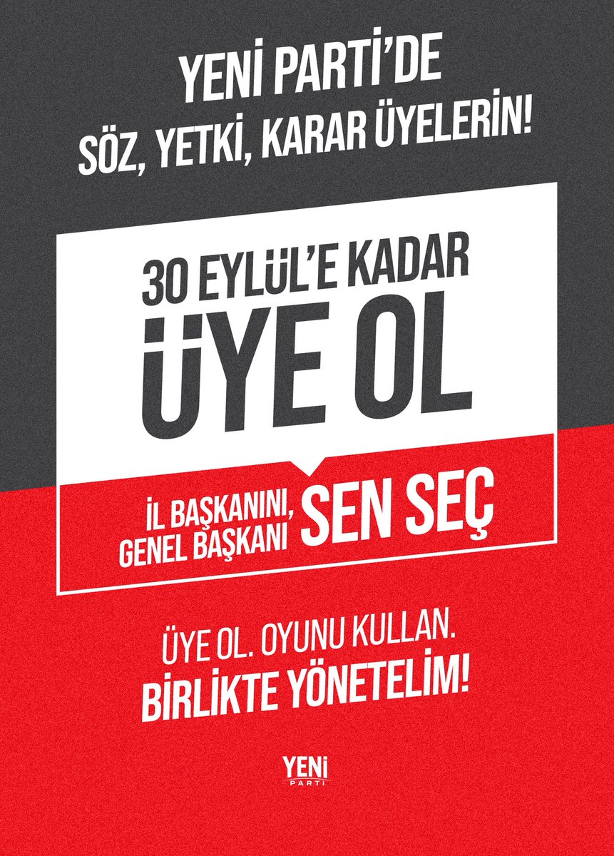 YENPartiYurtD's tweet photo. YENİ Parti’de söz, yetki, karar üyelerin!

30 Eylül’e kadar üye ol; İl Başkanını, Genel Başkanı sen seç!

Üyelik için: https://t.co/PfRIgnXP7o

#Yenibaşlangıç https://t.co/vm7Qubj0YE