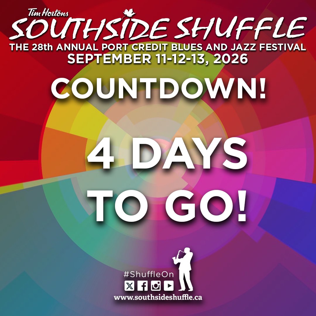 ssshufflepc's tweet photo. 4  DAYS TO GO until The 28th Annual Tim Hortons Southside Shuffle Blues &amp; Jazz Festival returns September 11-13 in Port Credit, Mississauga! Visit https://t.co/ZXNET60daF for all performance schedules and to order tickets for the Visit Mississauga Main Stage! https://t.co/v9AGdNAM3d
