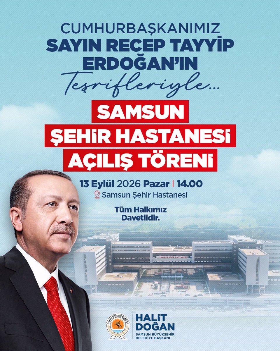 halitdoganbsk's tweet photo. Cumhurbaşkanımız Sayın Recep Tayyip Erdoğan (@RTErdogan), Karadeniz’in medarıiftiharı Samsun’umuza geliyor!

🏥 Sağlık sistemimizin en donanımlı projelerinden, bölgemizin en büyük kamu yatırımlarından biri olan Samsun Şehir Hastanesi’nin açılışına tüm hemşehrilerimiz davetlidir.

🗓️13 Eylül Pazar
⏰14.00
📍Samsun Şehir Hastanesi