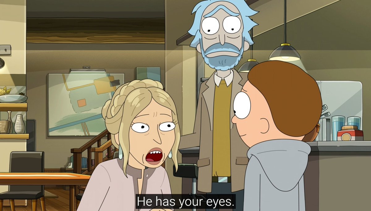 PlagueJCec's tweet photo. Morty apparently has blue eyes because it appeared a few times in comics, but s9 solidified it because in ep1 we see whole family's eye colors and Rick is the only one with blue eyes. And in ep10 Uli says Morty has Rick's eyes https://t.co/fwiS0jUPGh