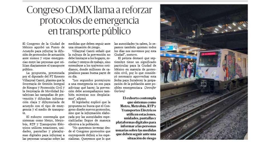 partidodeltra11's tweet photo. @LaCronicaDeHoy La prevención no debe limitarse a casas y oficinas; también debe acompañarnos en los trayectos diarios. 🚇⚠️
El @Congreso_CdMex aprobó el punto de acuerdo impulsado por el diputado @ErnestoVCPT, coordinador del #GPPT. https://t.co/gptO5D1qoe
