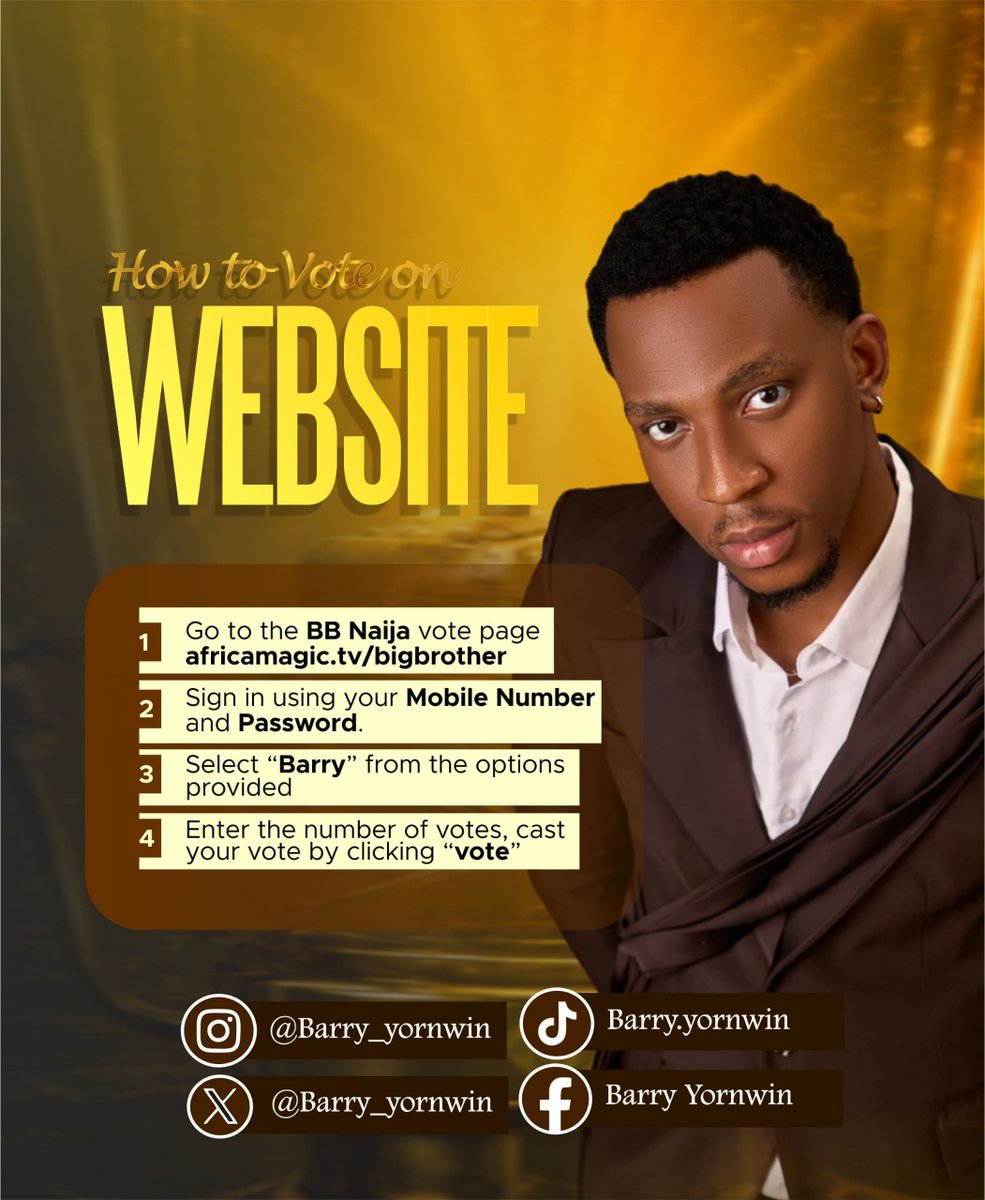 Barry_yornwin's tweet photo. How to vote 👇🏽👇🏽
You can vote on your DStv or gotv apps, mobile and desktop sites.
Voting via:
MyDStv App – up to 10,000 votes https://t.co/e6C8G189d5
MyGOtv – up to 750 votes https://t.co/WwkBcTaWk9
Africa Magic website – 100 web votes and 100 mobile votes https://t.co/jdX0hEI48G

The higher your package, the more votes available to you. We have from now till Thursday 9:00pm to do a complete 180 and secure Barry another week!! GET TO VOTING NOW!!!
#BBNaija