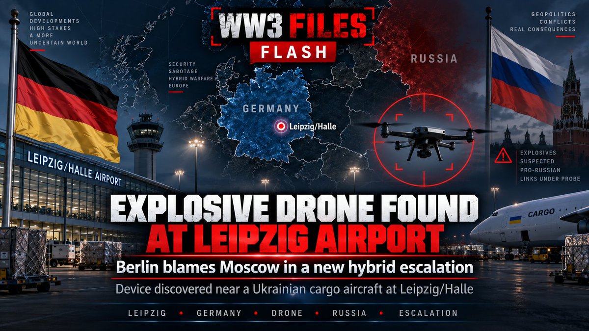 ww3files's tweet photo. 🚨 WW3 FILES | FLASH

GERMANY–RUSSIA ESCALATION: 

Berlin says an explosive-laden drone was discovered at Leipzig/Halle Airport near a Ukrainian cargo aircraft — and formally blames Moscow. 

Russia denies involvement.

LEIPZIG. DRONE. RUSSIA. NATO. HYBRID WAR. https://t.co/gCeoBhqXjQ