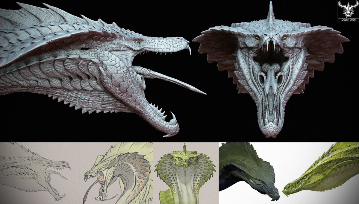 Doesh96's tweet photo. High-poly sculpt of the D&amp;D Green Dragon! Focused on the cobra-like hood, elongated crocodilian snout, and faithful translation from Alexander Ostrowski's concept art. 🐉

Which angle sells the menace better: 3/4 roar or front hood? 👇

#DnD #ZBrush #Dragon https://t.co/YTNIgFtHAI