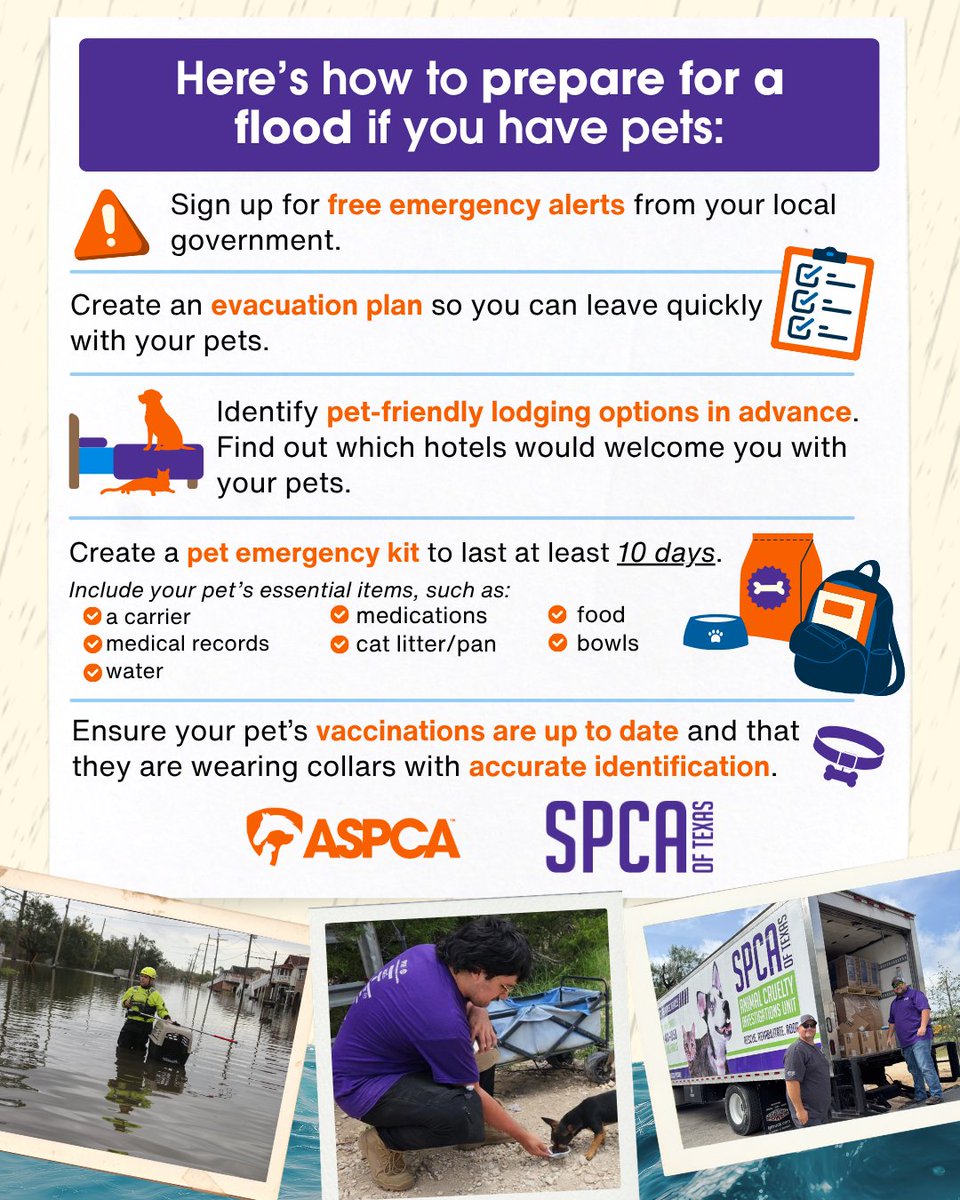 ASPCA's tweet photo. The ASPCA and @SPCAofTexas are teaming up during #NationalPreparednessMonth to share important tips pet owners can take BEFORE disaster hits. As severe flooding continues to threaten communities, an emergency plan can make a difference. Share &amp; learn more: https://t.co/UfmecHhVhc https://t.co/94MnN5ey6o
