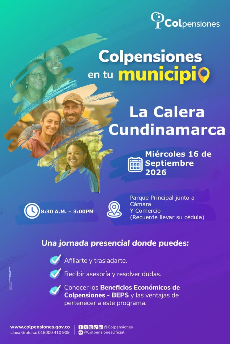casa_calera's tweet photo. Este miércoles 16 de septiembre de 2026, llegamos a La Calera, Cundinamarca, para brindarte una jornada presencial en la que podrás:
📷 Afiliarte o trasladarte.
📷 Recibir asesoría y resolver tus dudas.
📷 Conocer los Beneficios Económicos Periódicos (BEPS) y sus ventajas. https://t.co/lroKNm85DP