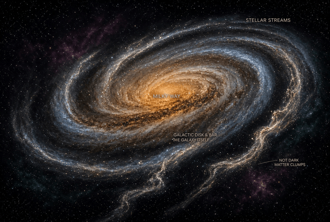 konstructivizm's tweet photo. Dark matter just lost one of its favorite alibis.

For years, astronomers treated the kinks, gaps, spurs, and strange thickenings in the Milky Way’s stellar streams as crime-scene evidence. A dwarf galaxy or globular cluster gets torn apart by the Galaxy’s gravity, its stars stretch into a long, thin river, and then something invisible punches holes in that river. The usual suspect: lumps of dark matter lurking in the halo.

A new set of simulations says the Galaxy itself is a far messier culprit than anyone expected.

Researchers built four Milky Way-sized galaxies, kept their dark-matter halos smooth and featureless, and then dumped about 15,000 stellar streams into them. They let the systems evolve for five billion years. Almost every stream came out looking wounded. Only about 70 of the 15,000 stayed clean. The rest developed bends, breaks, branches, clumps, and even complete disintegration — the same catalog of scars that observers had been blaming on dark-matter subhalos.

The damage is worst near the galactic center, where the disk, bar, and spiral arms create a lumpy gravitational landscape. But even streams on the outskirts pick up noticeable distortions. Perfectly straight, featureless streams turn out to be the rare exception, not the rule.

That does not mean dark matter is off the hook. It means the large-scale kinks we already see in streams like GD-1 or ATLAS–Aliqa Uma can no longer be treated as clean fingerprints of invisible clumps. The Galaxy’s own visible matter is noisy enough to produce the same look.

The real hunt now shifts outward. When the Vera C. Rubin Observatory starts mapping the faintest, most distant streams at the Galaxy’s edge, astronomers will finally have a quieter laboratory. If those far-out rivers still show violent, statistically unmistakable damage that ordinary matter cannot explain, then dark matter will have to answer for it.

Until then, the streams are telling a more ordinary story: the Milky Way is simply a sloppy, gravitationally chaotic place — and it doesn’t need invisible monsters to mess up its own leftovers.
