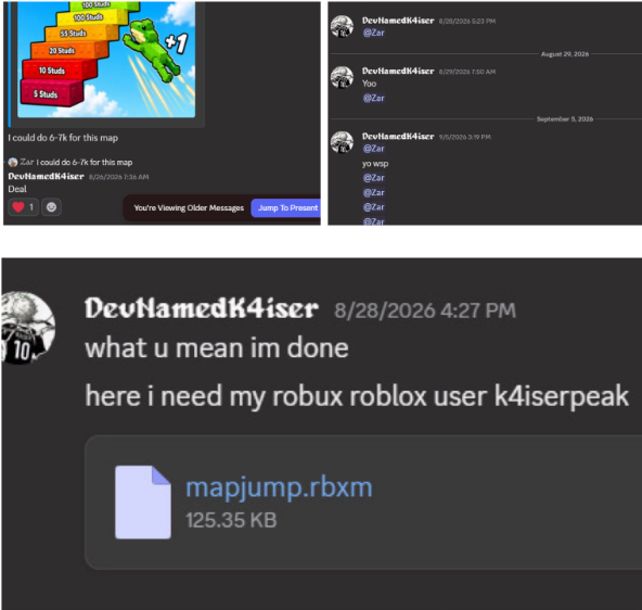 Kaiserpeak's tweet photo. First commission 😭

I think I got scammed 💀 I sent him both maps and he never replied back 😭 @Zarnuxx his x 

#Roblox #RobloxDev #RobloxStudio #RobloxMap #RobloxMaps #MapStud #RobloxCommission #RobloxCommissions #RobloxDeveloper https://t.co/a9n39HQEDF
