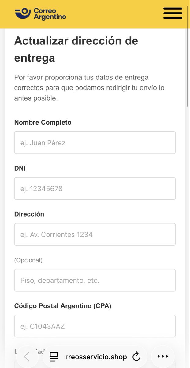 maxifirtman's tweet photo. 🚨ALERTA ESTAFA CORREO

Sigue la estafa con información filtrada de Correo Argentino o Aduanas. Si estás esperando un paquete te llega un SMS con una web de estafa que se hace pasar por el correo para que dejes tus datos y pongas tu tarjeta de crédito.

Desconfiá de todo. https://t.co/YQqzTyuW0S